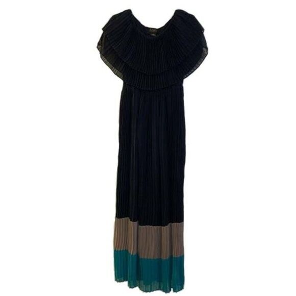 IMAN Black Pleated Color Block Maxi Dress Size Medium Lined - Picture 1 of 12